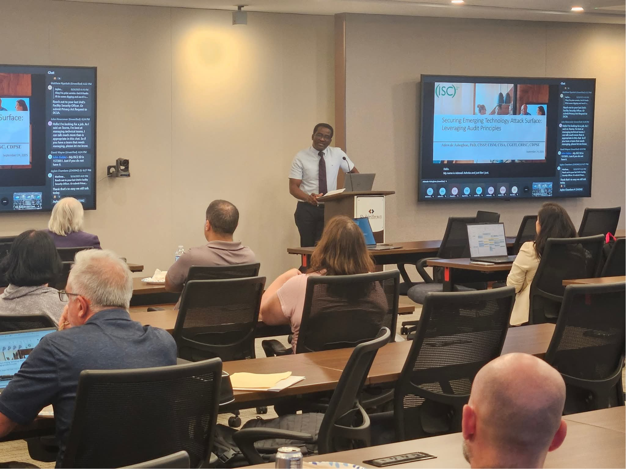 Adewale Ashogbon presenting on emerging technology attack surfaces and audit principles