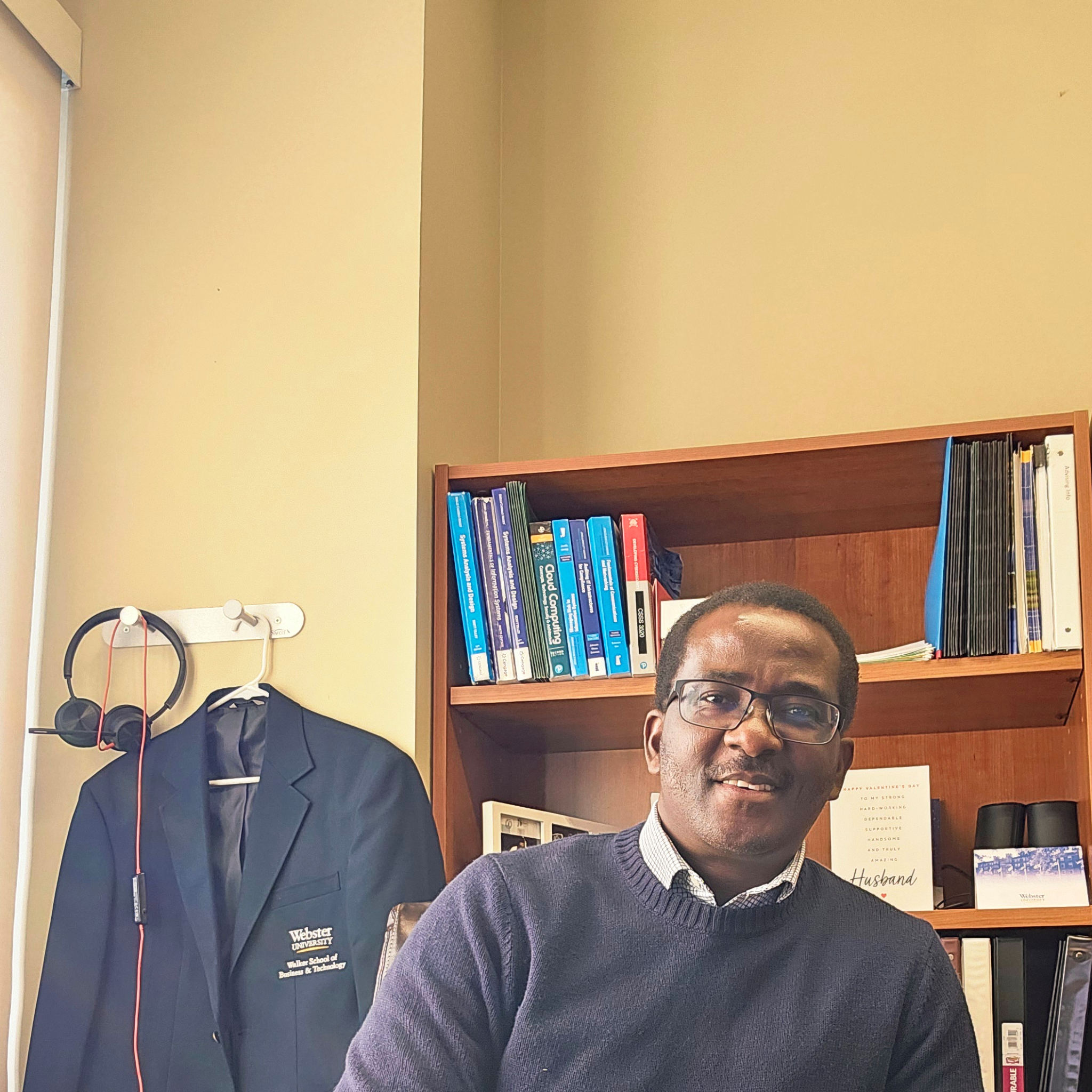 Adewale Ashogbon in his Webster University office